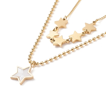 Double Chains Multi Layered Necklaces with Resin Shell Star Charms, Ion Plating(IP) 304 Stainless Steel Jewelry for Women, Golden, 15.16 inch(38.5cm)