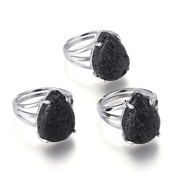 Adjustable Natural Lava Rock Finger Rings, with Platinum Plated Brass Findings, Teardrop, Size 8, Inner Diameter: 18mm