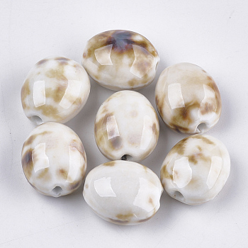 Handmade Porcelain Beads, Fancy Antique Glazed Porcelain, Oval, Linen, 20~21x17.5~18x12~13mm, Hole: 2.5~3mm