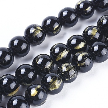 Natural Jade Beads Strands, with Gold Foil, Dyed, Round, Black, 10mm, Hole: 1.4mm, about 39pcs/strand, 15.55 inch(39.5cm)