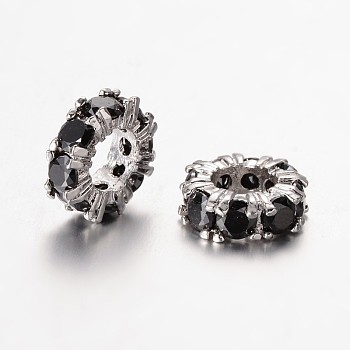 Large Hole Ring Brass Micro Pave Cubic Zirconia Spacer Beads, Platinum, Black, 11x4mm, Hole: 5mm