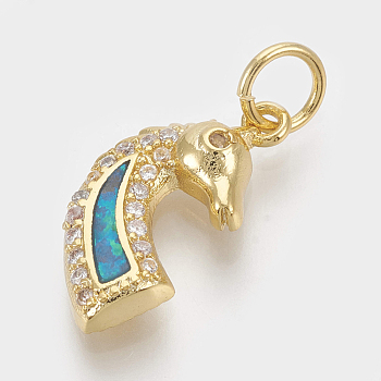 Brass Micro Pave Cubic Zirconia Charms, with Jump Rings & Resin, Horse Head, Clear & Light Sky Blue, Golden, 11x13x3mm, Hole: 3mm