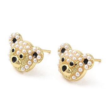 Brass Enamel Bear Stud Earrings with Plastic Pearl Beaded, Lead Free & Cadmium Free, Real 18K Gold Plated, 10.5x15.5mm