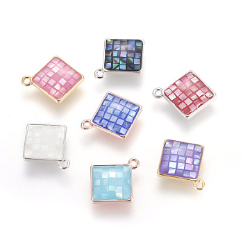 Brass Enamel Pendants, with Freshwater Shell, Rhombus, Mixed Color, 16x13.5x3mm, Hole: 1.2mm
