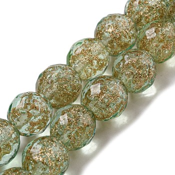 Handmade Gold Sand Lampwork Beads Strands, Faceted, Round, Dark Sea Green, 11.5~12x12~12.5mm, Hole: 1.5~1.8mm, about 40pcs/strand, 18.90 inch(48cm)