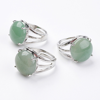 Adjustable Natural Green Aventurine Finger Rings, with Brass Findings, US Size 7 1/4(17.5mm), gemstone: 16mm