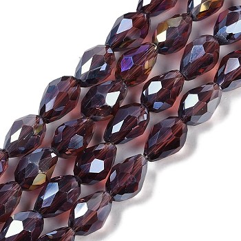 Transparent Electroplate Glass Beads Strands, AB Color Plated, Faceted, Teardrop, Coconut Brown, 15x10mm, Hole: 1.6mm, about 46~48pcs/strand, 27.95''(71cm)