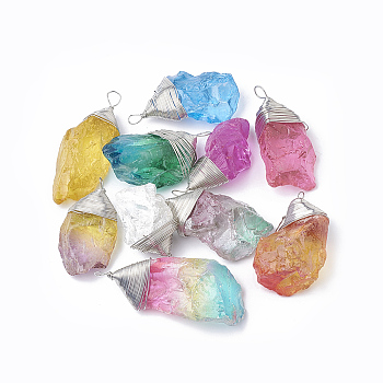 Natural Quartz Crystal Pendants, with Platinum Tone Brass Finding, Nuggets, Dyed, 38~62x20~28x11~21mm, Hole: 3.5mm