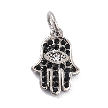 304 Stainless Steel Embedded Rhinestone Pendants, with Jet Rhinestone & Jump Ring, Hamsa Hand/Hand of Miriam with Eye, Stainless Steel Color, 16.5x11.5x2mm, Hole: 4mm