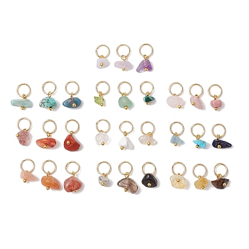 30Pcs 30 Styles Natural & Synthetic Mixed Gemstone Chip Charms, with 304 Stainless Steel Jump Rings, Golden, 8x6~11x4mm, Hole: 5.4mm, 1pc/style