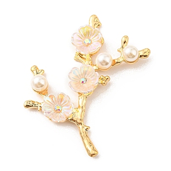 Zinc Alloy Cabochons, with Plastic Imitation Pearls and Rhinestones, Flower Branch, Clear AB, 53x48.5x7.6mm