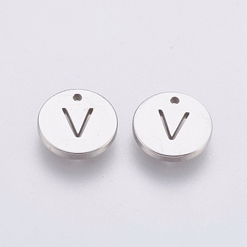 304 Stainless Steel Charms,  Flat Round with Letter, Stainless Steel Color, Letter.V, 10x1mm, Hole: 1mm