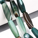 Natural Agate Beads Strands, Dyed & Heated, Frosted, Barrel, Teal, 27~30.5x9~10.5mm, Hole: 2.5~3.5mm, about 10pcs/strand, 11.42~11.81 inch(29~30cm)(G-N357-06A-01)
