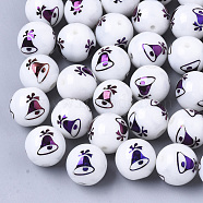 Christmas Opaque Glass Beads, Round with Electroplate Christmas Bell Pattern, Purple Plated, 10mm, Hole: 1.2mm(EGLA-R113-06G)