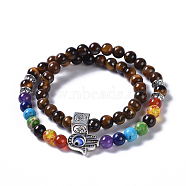 Two Loops Natural Tiger Eye & Natural/Synthetic Mixed Stone Beads Warp Stretch Bracelets, with Evil Eye Lampwork Round Beads and Tibetan Style Alloy Beads, 13-3/8 inch(34cm)(BJEW-JB04223-04)