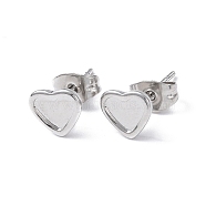 304 Stainless Steel Stud Earring Finding, Earring Settings, Heart, Stainless Steel Color, Tray: 5x6mm, 6.8x7.7mm, Pin: 0.8mm(EJEW-I285-43P)