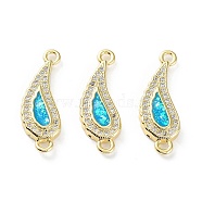 Rack Plating Brass Micro Pave Clear Cubic Zirconia Connector Charms, Teardrop Links with Cyan Synthetic Opal, Cadmium Free & Lead Free, Long-Lasting Plated, Real 18K Gold Plated, 24.5x8.5x3mm, Hole: 1.6mm(KK-C041-30G)