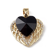 Real 18K Gold Plated Rack Plating Brass Micro Pave Clear Cubic Zirconia Pendants, with Glass, Long-Lasting Plated, Cadmium Free & Lead Free, Heart Charm, Black, 19x19x8mm, Hole: 5x3mm(KK-C015-29G-03)