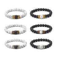 Natural Lava Rock & Natural and Synthetic Howlite Stretch Bracelets Set for Couples Best Friendship, Crown Alloy Beads Bracelets, Inner Diameter: 2-1/8~2-1/4 inch(5.5~5.7cm), 2pcs/set(BJEW-JB06869)
