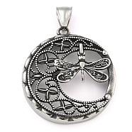 304 Stainless Steel Pendants, Flat Round with Dragonfly Charm, Antique Silver, 40x36x5.5mm, Hole: 4x8.5mm(STAS-B057-03AS)