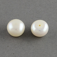 Grade AAA Natural Cultured Freshwater Pearl Beads, Half Drilled, Flat Round, White, 7~7.5x5mm, Half Hole: 1mm(X-PEAR-R008-7~7.5mm-01)