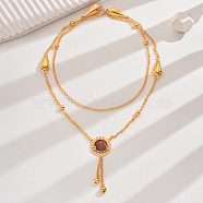 Vintage Classic Elegant Brass Pave Synthetic Goldstone Fashion European Flower Lariat Necklaces, Real 18K Gold Plated, 46.46 inch(118cm)(YP1848-1)