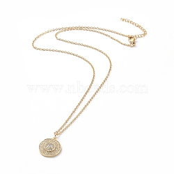 304 Stainless Steel Chain Necklaces, with Brass Micro Pave Cubic Zirconia Pendants, Flat Round, Golden, 17.5 inch(44.5cm)(NJEW-G335-35G)