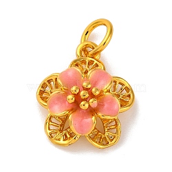 Brass Enamel Pendants, with Jump Rings, Flower Charm, Real 18K Gold Plated, Light Coral, 16.5x14x6mm, Hole: 4mm(KK-U042-14G-02)