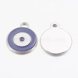 Zinc Alloy Enamel Pendants, Lead Free and Cadmium Free, Flat Round with Evil Eye, Platinum Metal Color, Purple, 21x16x2mm, Hole: 2mm(ENAM-S001-3)