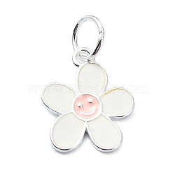 925 Sterling Silver Enamel Smiling Face Flower Charms, with Jump Rings & 925 Stamp, Silver Color Plated, Pink, 14.5x12x1mm, Hole: 4mm(STER-M119-06A-S)