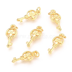 Alloy Pendants, Long-Lasting Plated, with Jump Ring, Key with Flower, Real 18K Gold Plated, 16.5x7.5x2.3mm, Hole: 2.5mm(PALLOY-B024-03G)