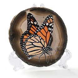 Printed Natural Agate Slice Stone Ornament, for Good Luck Home Office Decor, Butterfly, 95~135x95~135x6.5~9mm(DJEW-M011-03B)