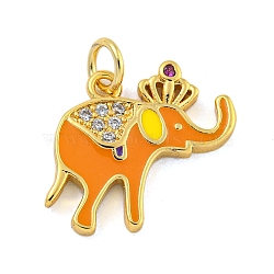 Brass Micro Pave Clear Cubic Zirconia Pendants, with Enamel, Real 18K Gold Plated, Elephant, Dark Orange, 15x17x2mm, Hole: 3mm(KK-R159-18G-04)