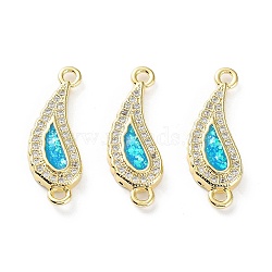 Rack Plating Brass Micro Pave Clear Cubic Zirconia Connector Charms, Teardrop Links with Cyan Synthetic Opal, Cadmium Free & Lead Free, Long-Lasting Plated, Real 18K Gold Plated, 24.5x8.5x3mm, Hole: 1.6mm(KK-C041-30G)