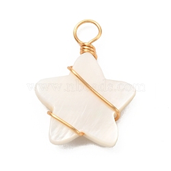 Natural Freshwater Shell Pendants, with Real 18K Gold Plated Eco-Friendly Copper Wire, Star, Creamy White, 24x18x4mm, Hole: 4mm(PALLOY-JF01038)