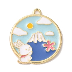 Alloy Enamel Pendants, Golden, Flat Round with Rabbit Charm, Light Blue, 28x25x1.5mm, Hole: 2mm(ENAM-147-03B-G)