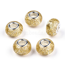 Epoxy Resin European Beads, Large Hole Beads, with Glitter Powder and Platinum Tone Brass Double Cores, Rondelle, Gold, 14x9mm, Hole: 5mm(RPDL-N015-02H)