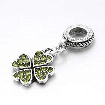 Large Hole Clover Alloy Enamel European Dangle Charms, Antique Silver, Green, 24mm, Hole: 5mm