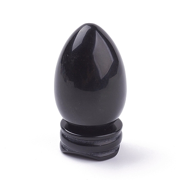 Natural Obsidian Display Decorations, with Base, Egg Shape Stone, 56mm, Egg: 47x30mm
