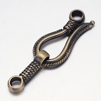 Rack Plating Brass Hook and S-Hook Clasps, Nickel Free, Brushed Antique Bronze, 45x14x4mm, Hole: 3.5mm
