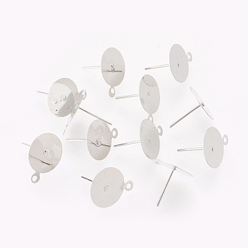 Iron Stud Earring Findings, with Loop, Flat Round, Platinum, 15x12x0.2mm, Hole: 1mm, Pin: 0.6mm