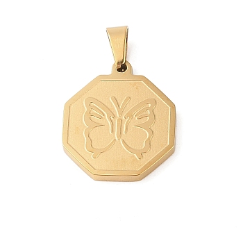 Stainless Steel Pendants, Octagon with Butterfly Charm, Golden, 23x20x2mm, Hole: 3.5x6mm