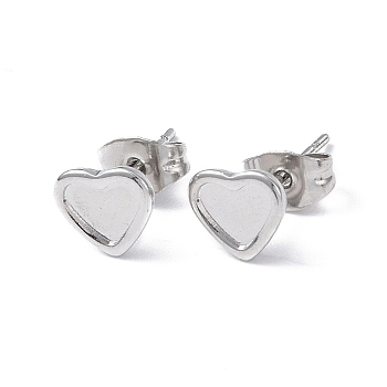 304 Stainless Steel Stud Earring Finding, Earring Settings, Heart, Stainless Steel Color, Tray: 5x6mm, 6.8x7.7mm, Pin: 0.8mm