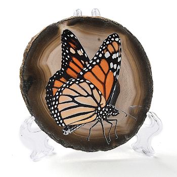 Printed Natural Agate Slice Stone Ornament, for Good Luck Home Office Decor, Butterfly, 125~135x95~135x6.5~9mm