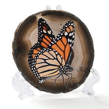 Printed Natural Agate Slice Stone Ornament, for Good Luck Home Office Decor, Butterfly, 95~135x95~135x6.5~9mm