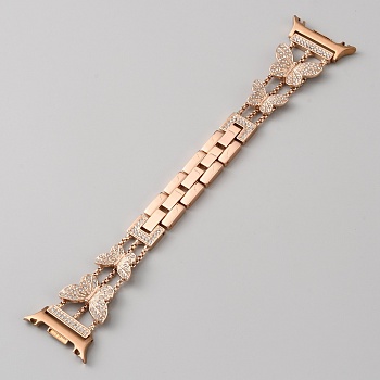 Alloy Rhinestone Butterfly Watch Band, for Watch Accesssories, Rose Gold, 172x30.5x4.5mm