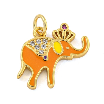 Brass Micro Pave Clear Cubic Zirconia Pendants, with Enamel, Real 18K Gold Plated, Elephant, Dark Orange, 15x17x2mm, Hole: 3mm