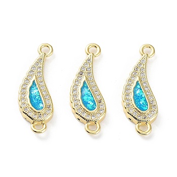 Rack Plating Brass Micro Pave Clear Cubic Zirconia Connector Charms, Teardrop Links with Cyan Synthetic Opal, Cadmium Free & Lead Free, Long-Lasting Plated, Real 18K Gold Plated, 24.5x8.5x3mm, Hole: 1.6mm