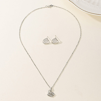 Vintage Retro Elegant Brass Cubic Zirconia Heart Stud Earrings & Necklaces Set for Women, Clear