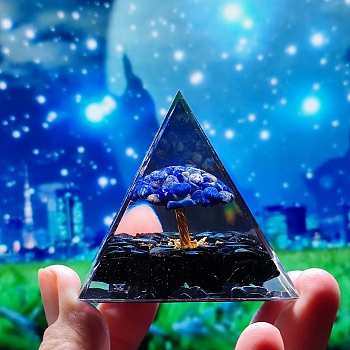 Orgonite Pyramid Resin Display Decorations, with Brass & Natural Lapis Lazuli Chips Tree of Life Inside, for Home Office, 50x50mm